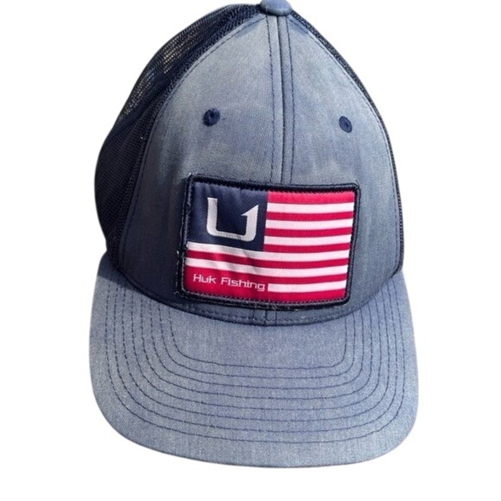 Huk Fishing Trucker Hat Blue American Flag Patch OS